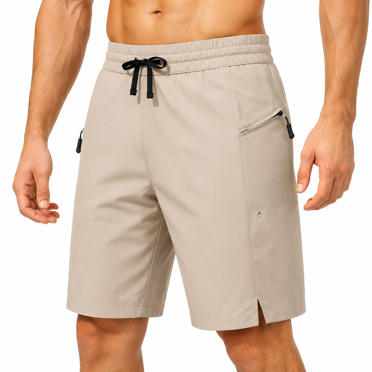 Herren Badeshorts Größe L aus Synthetikgewebe Beige mit Reißverschlusstaschen