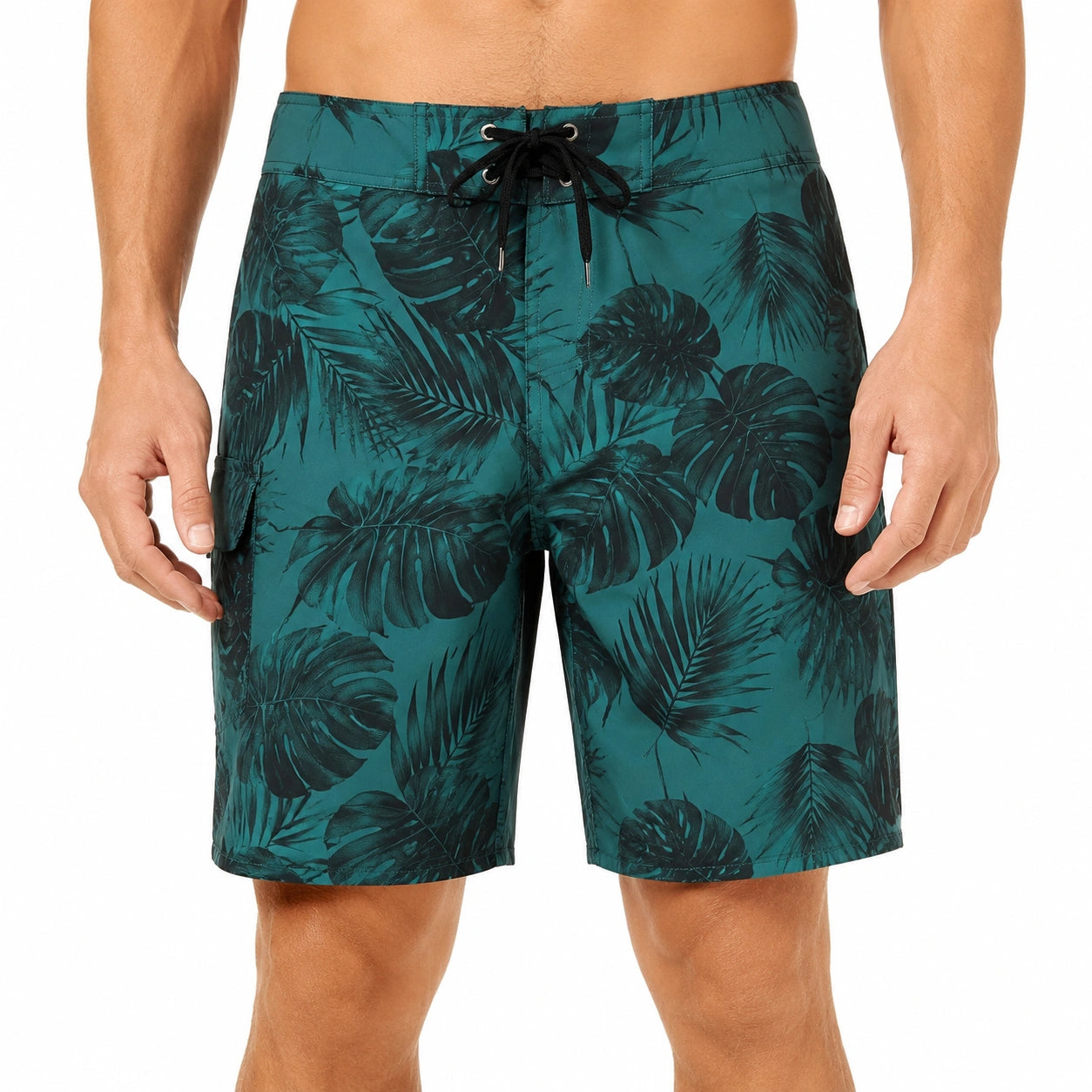 Herren Badeshorts Größe L aus Polyester Türkis Schwarz mit Blätterdruck