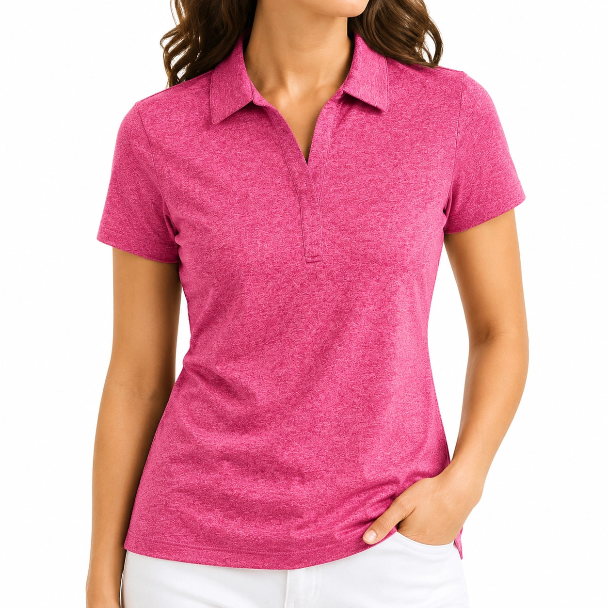 Damen Poloshirt Größe M aus Textil in Pink mit Kurzarm und Strukturmuster