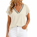 Damen T-Shirt Größe L Creme Schwarz V-Ausschnitt Kurzarm