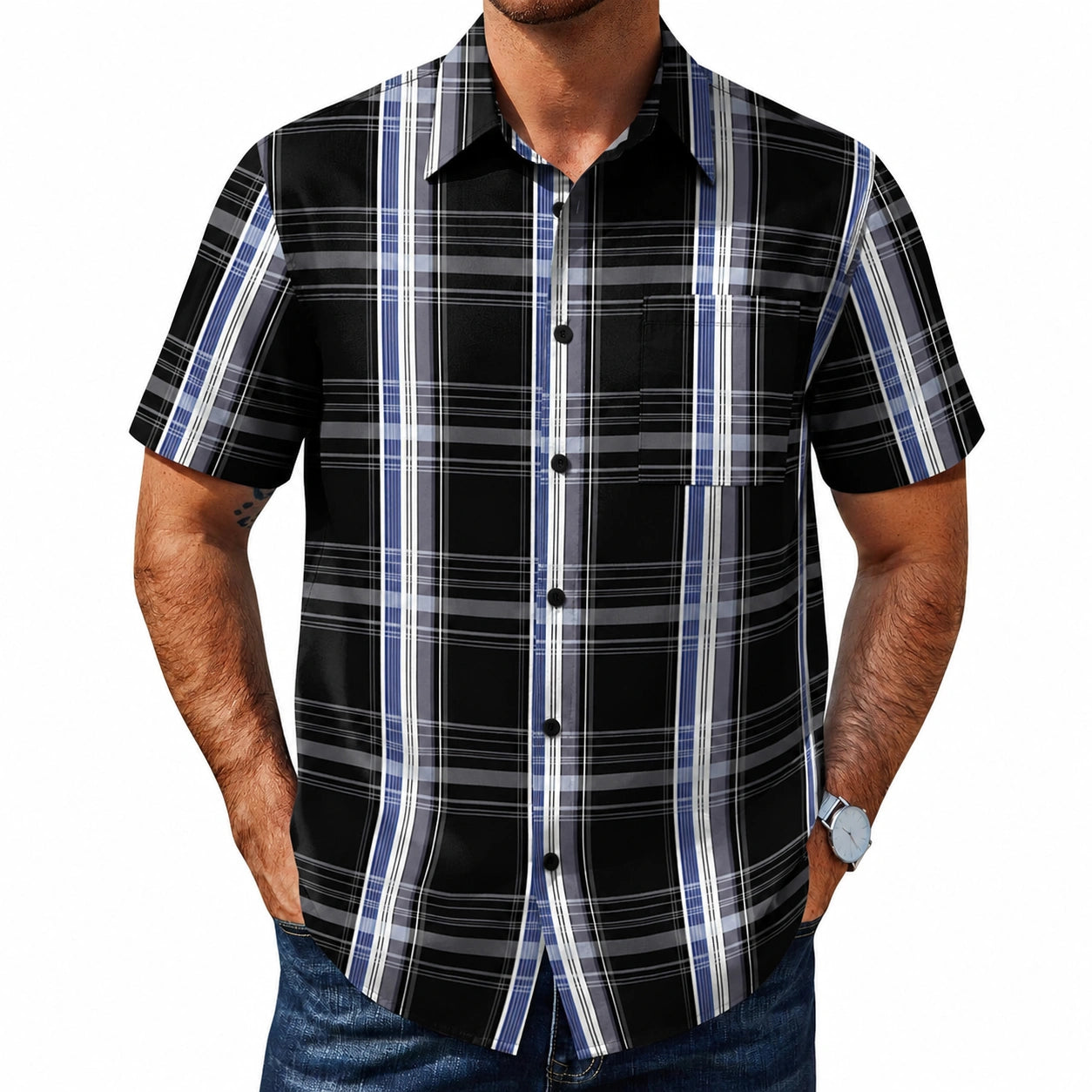 Herren Kurzarmhemd XL aus Gewebe Schwarz Blau kariert Freizeit