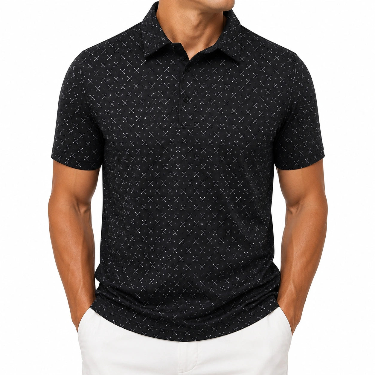 Herren Poloshirt Größe M Schwarz Textil Kurzarm mit Kreuzmuster