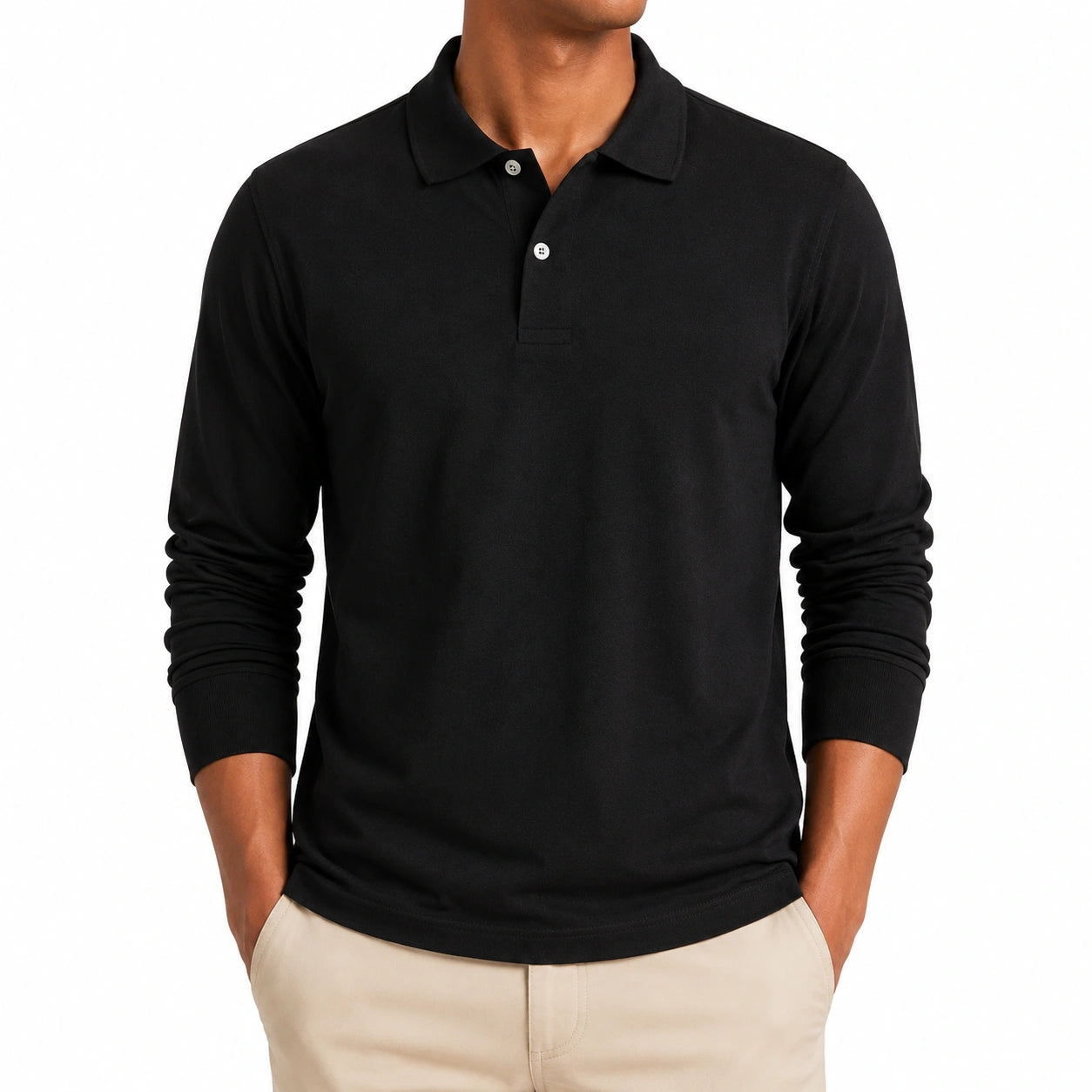 Herren Langarm-Poloshirt XL Schwarz mit Knopfleiste