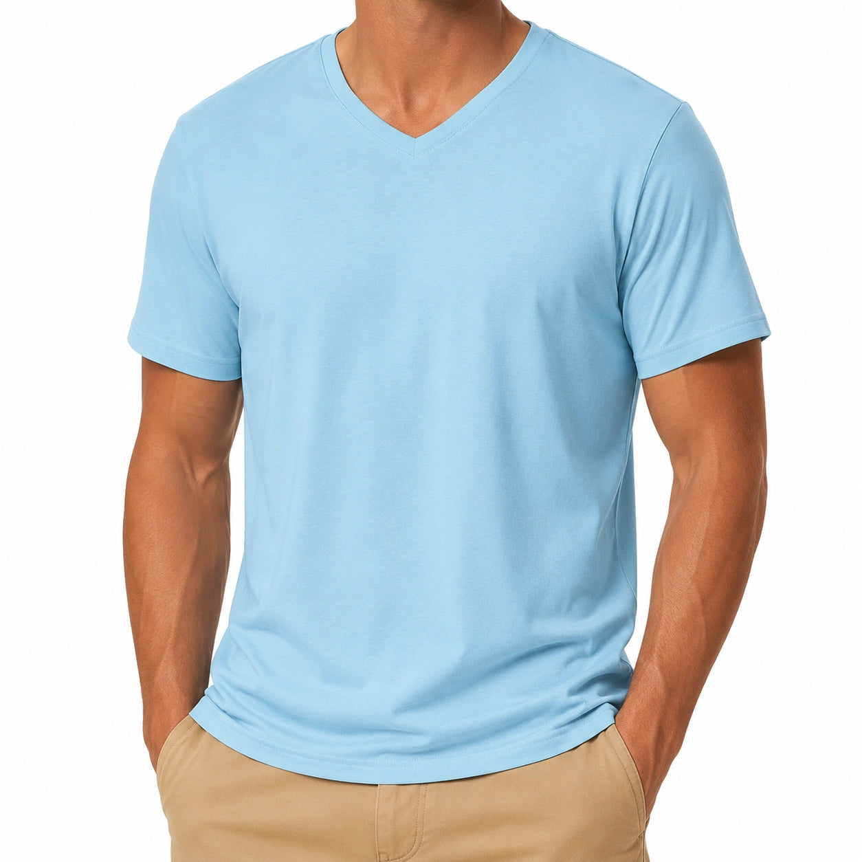 Herren T-Shirt XL aus Textil Hellblau mit V-Ausschnitt kurzarm