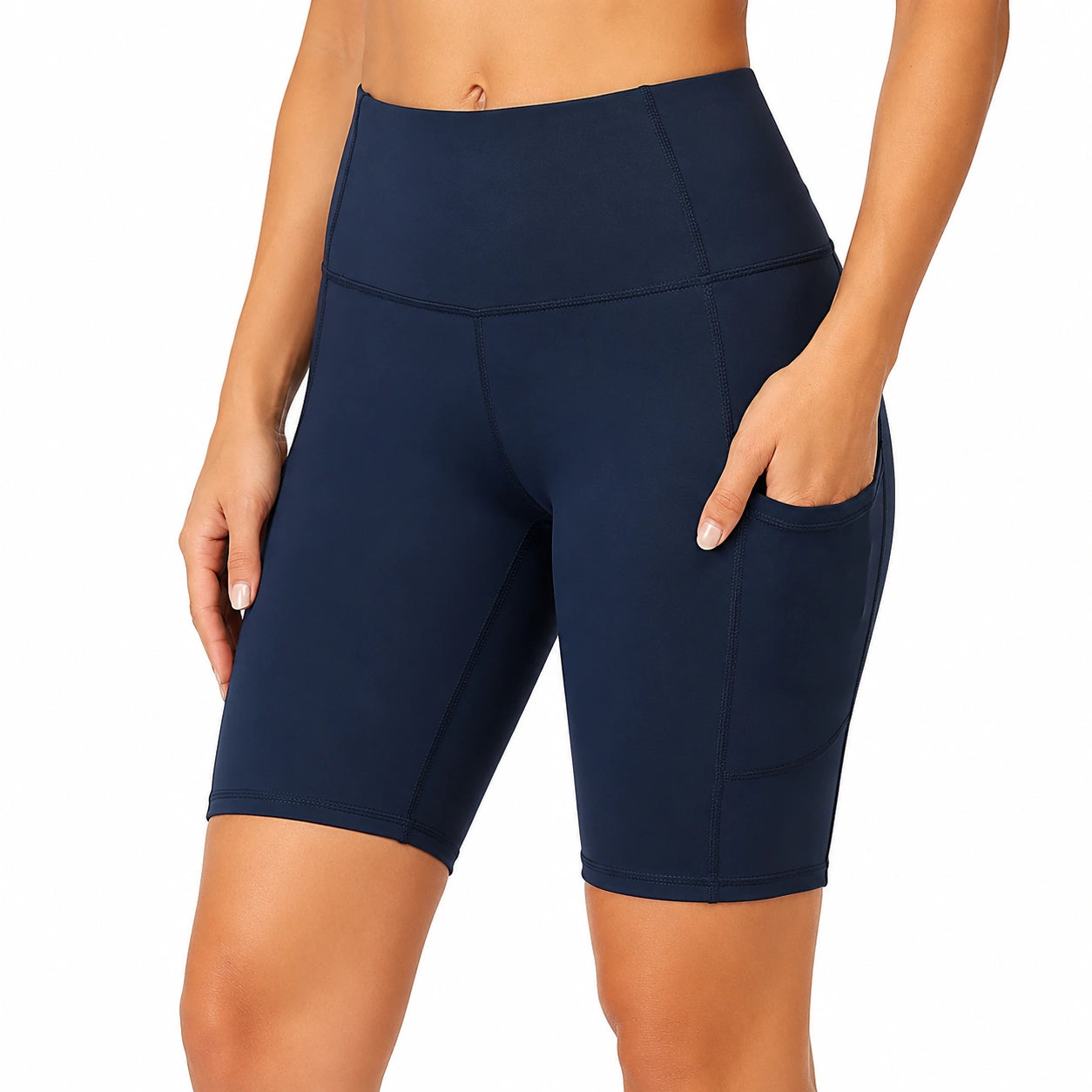 Damen Radlerhose Größe S aus elastischem Synthetikgewebe Navyblau mit hoher Taille und Seitentasche