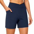 Damen Sportshorts Größe L aus elastischem Synthetikmaterial in Dunkelblau mit hoher Taille und Taschen