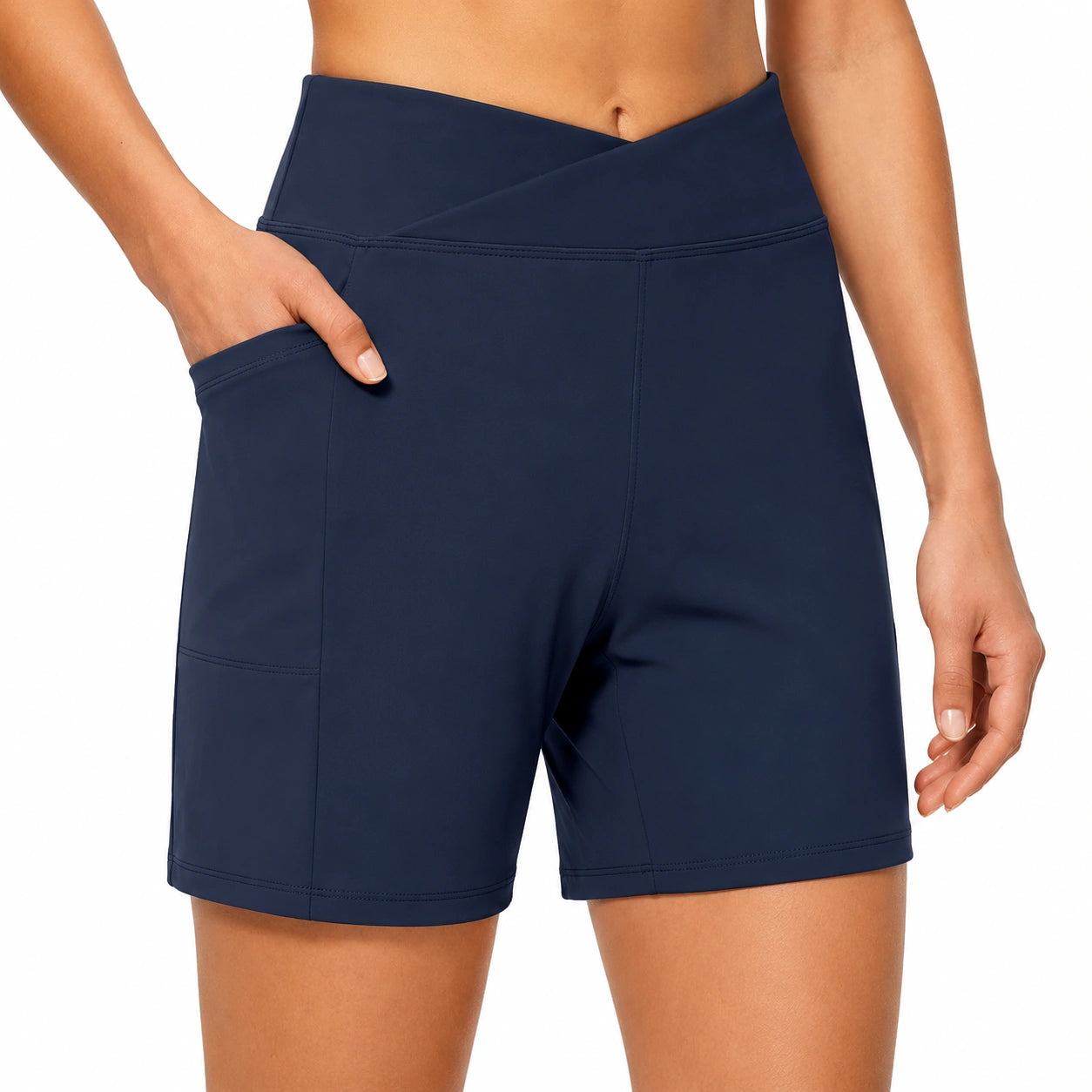 Damen Sportshorts Größe L aus elastischem Synthetikmaterial in Dunkelblau mit hoher Taille und Taschen