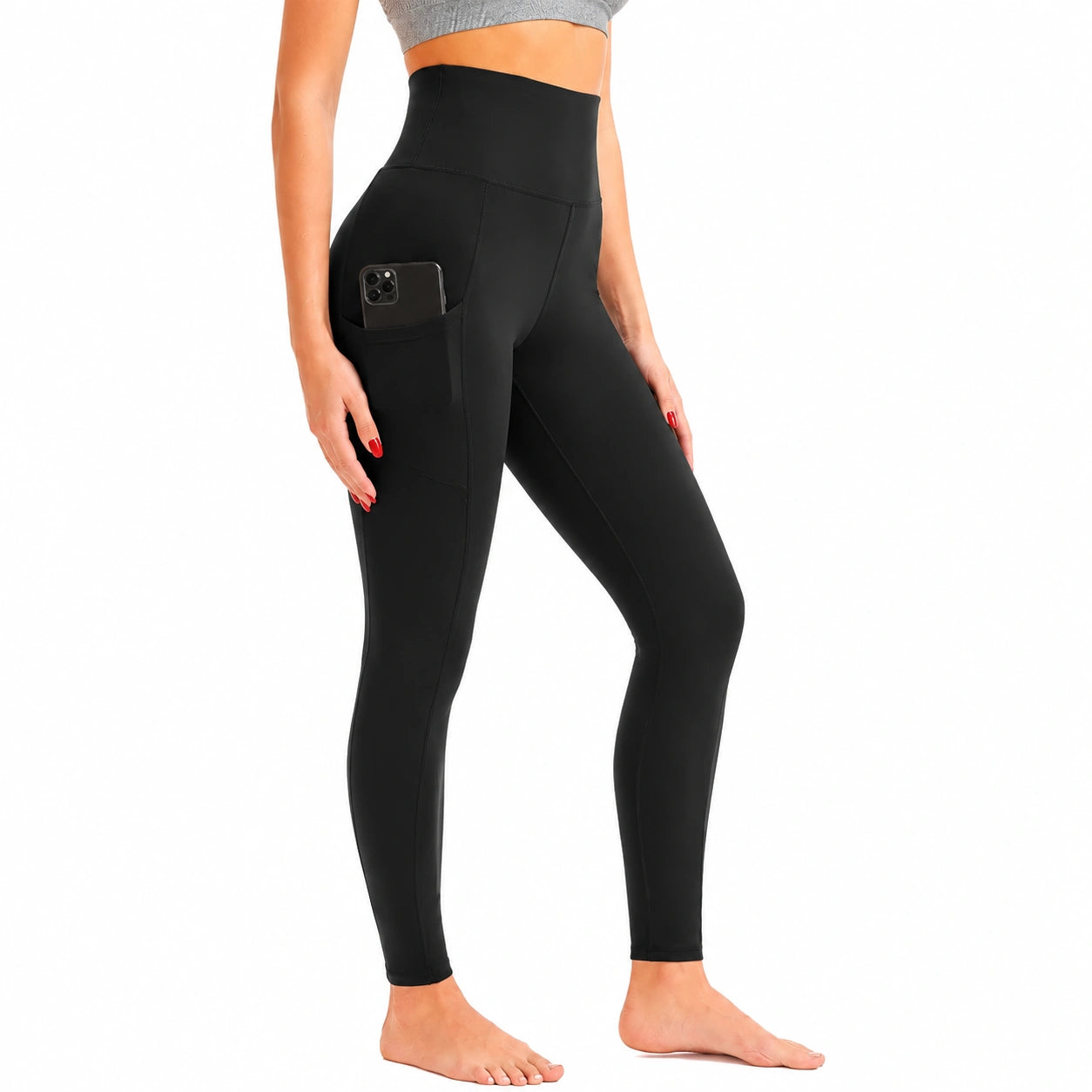 Damen Sportleggings Größe S aus elastischem Kunstfasergewebe Schwarz mit hoher Taille und Seitentasche