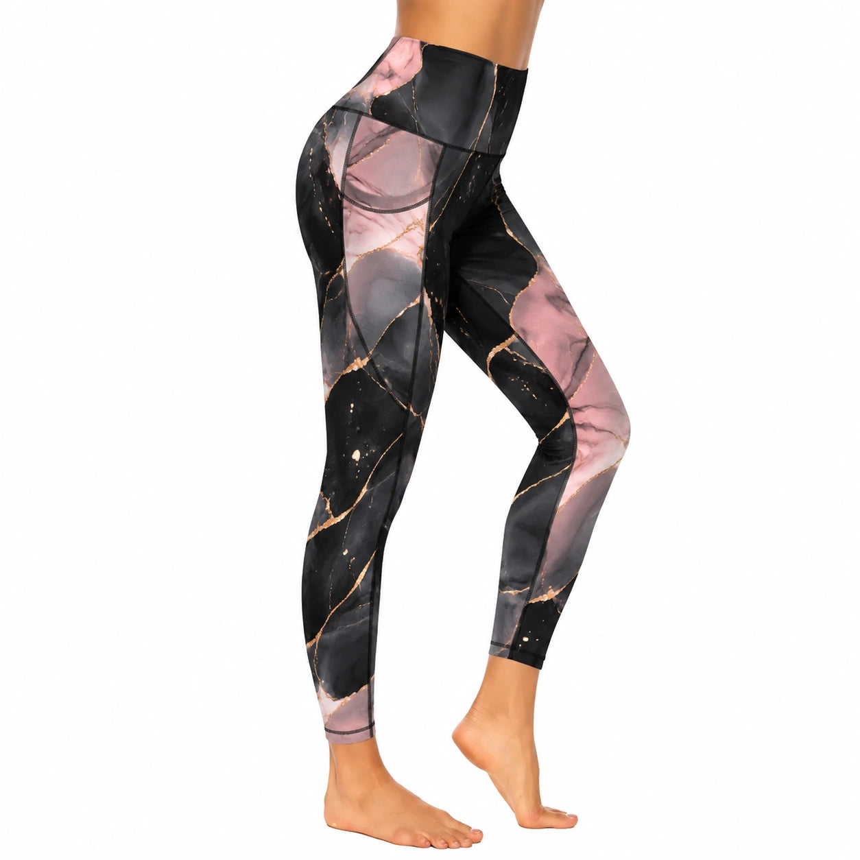 Damen Leggings M aus elastischem Synthetikgewebe Schwarz Rosa für Sport mit hohem Bund